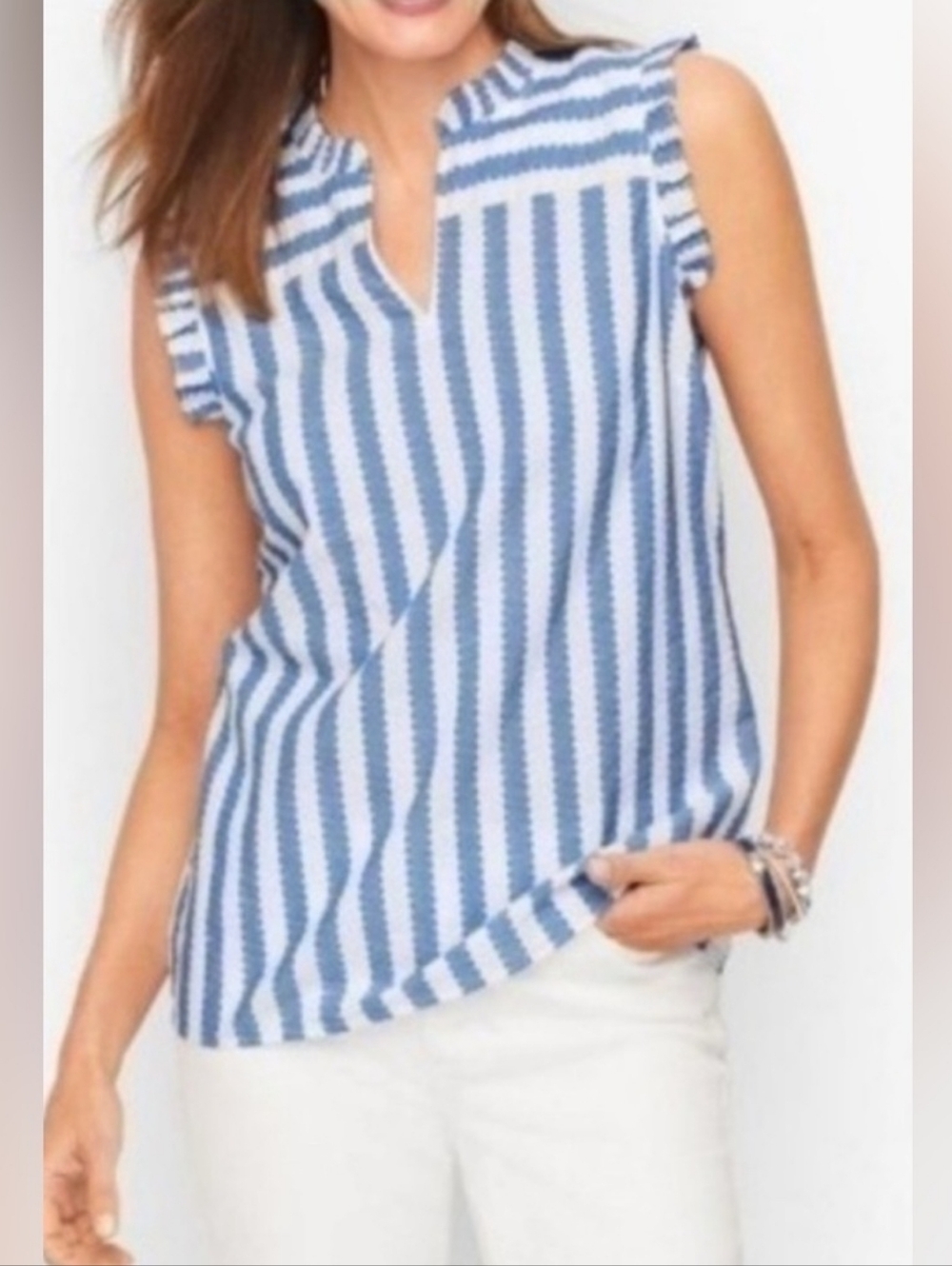 Talbots Striped Ruffle Neck Sleeveless Top In Blue & White